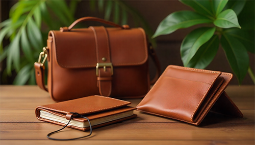 Vegetable-tanned leather wallet, handbag, and journal displayed on wooden surface, showcasing craftsmanship and sustainability