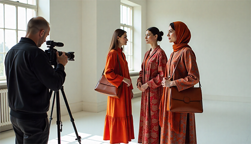 Behind the scenes of a slow fashion photoshoot featuring Hunza women in traditional attire and cultural caps holding handcrafted leather bags