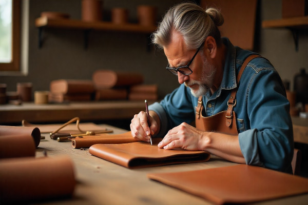 Artisan crafting high-quality leather goods in a workshop, showing hands stitching a leather bag with precision and care.