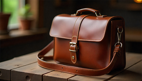 A stylish leather satchel bag on a wooden table, showcasing its flap closure and shoulder strap"